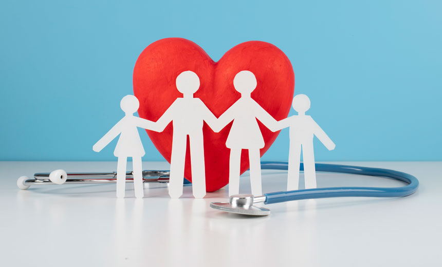 Cutout paper family with cartoon heart and stethoscope